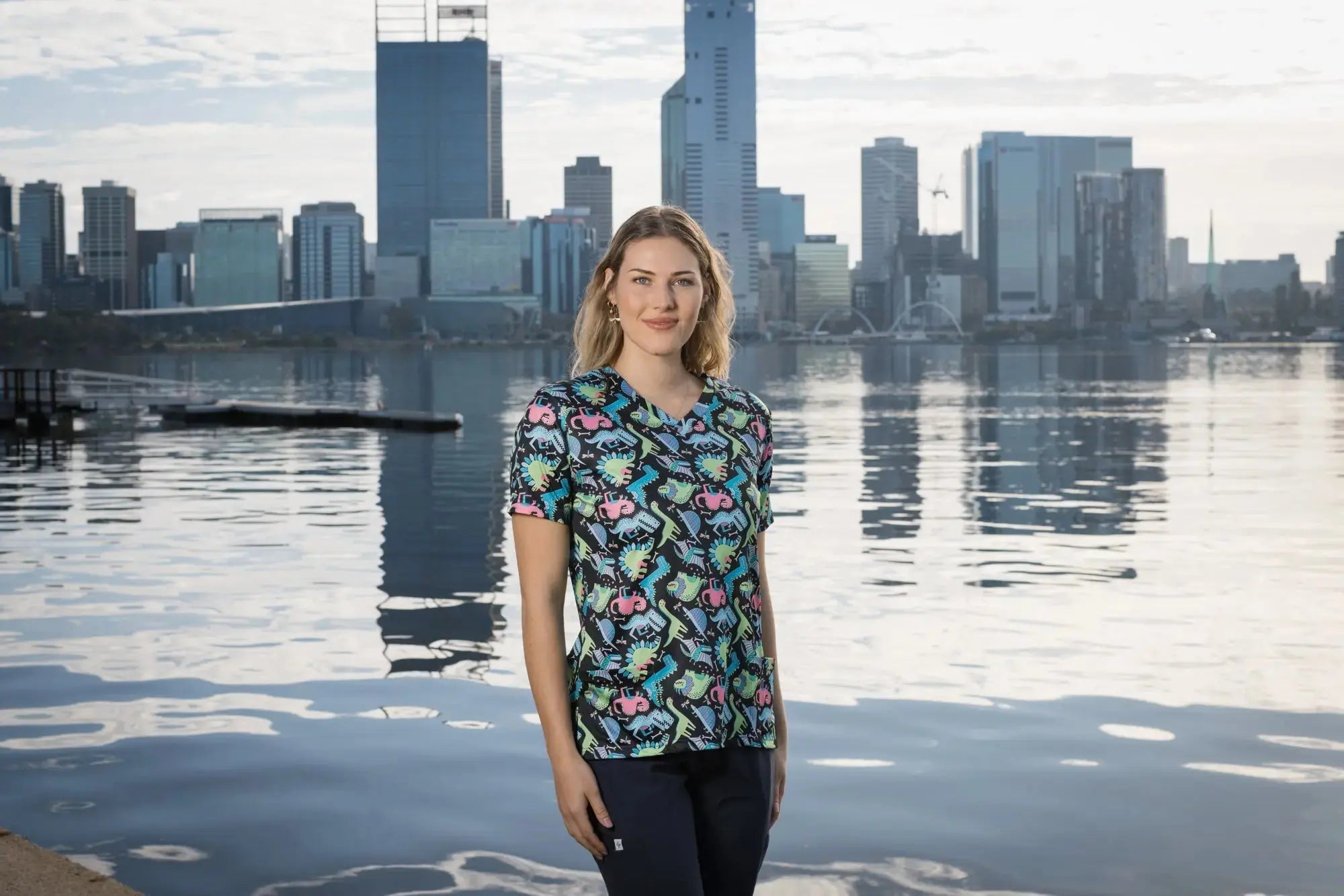 Softies Women's Dino Party Slim Fit Fun Scrub Top DPOT01 Simply Scrubs Australia